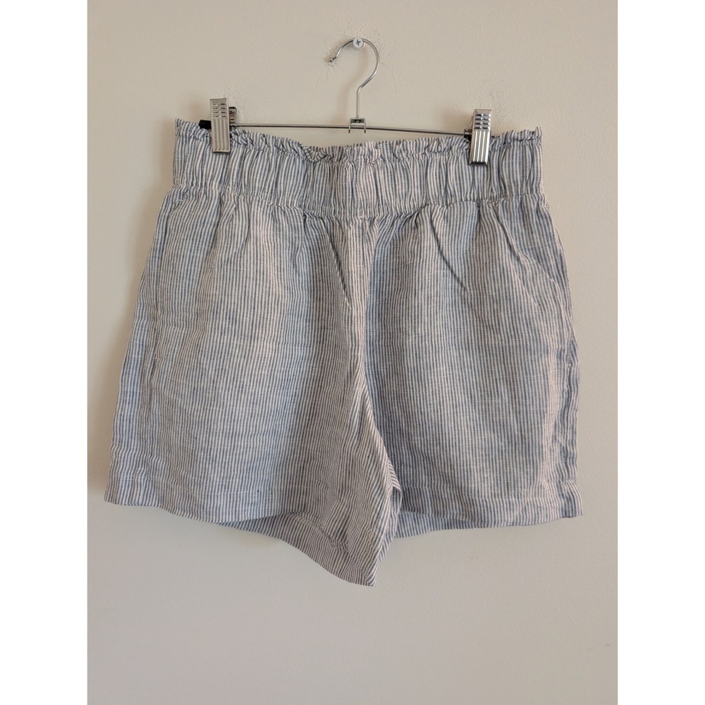 Quince 100% European Linen High Waisted Shorts Blue Pinstripe Small nautical